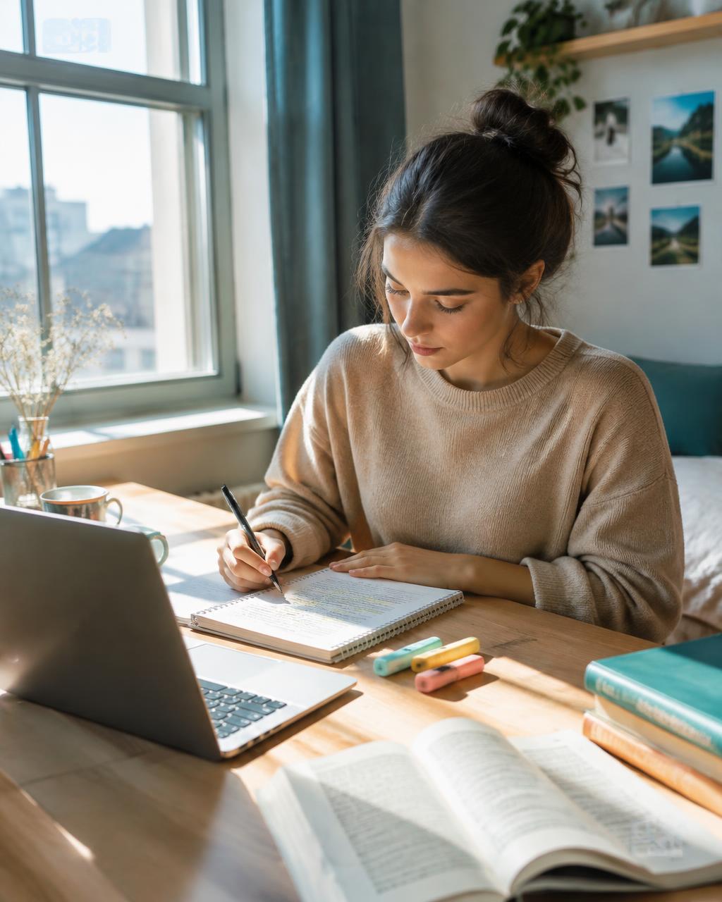 Opositora estudiando en un escritorio luminoso